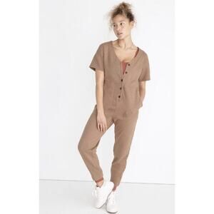 Madewell MWL Women's Short Sleeve Button Up Jumpsuit Coverall, Brown Size XS